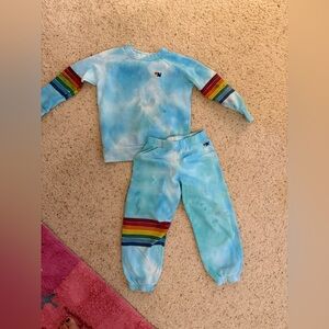 Aviator Nation Set Blue Tie-Dye Sweatshirt and Joggers Set with Rainbow Stripes